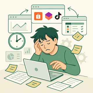 Manual work illustration showing person juggling multiple dashboards and spreadsheets